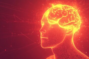 Obraz premium Digital art of a glowing red brain in a human head silhouette symbolizing the intense energy of thought and the powerful potential of human cognition