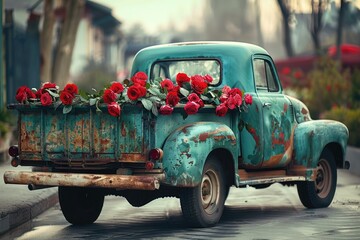A vintage blue truck with a colorful arrangement of red flowers in the back