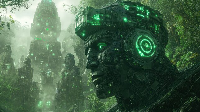Futuristic Stone Head with Glowing Lights in Jungle