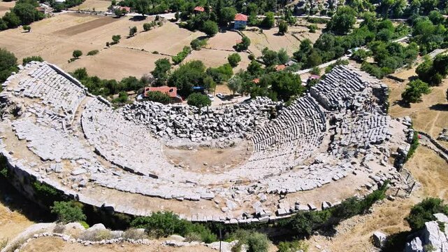 The scenic views of the ancient theater of Selge, which was an important city in ancient Pisidia and later in Pamphylia, on the slope of Mount Taurus, Antalya, Turkey