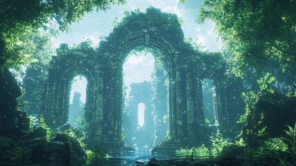 Obraz premium Ancient Ruins Overgrown with Lush Greenery in a Mystical Forest