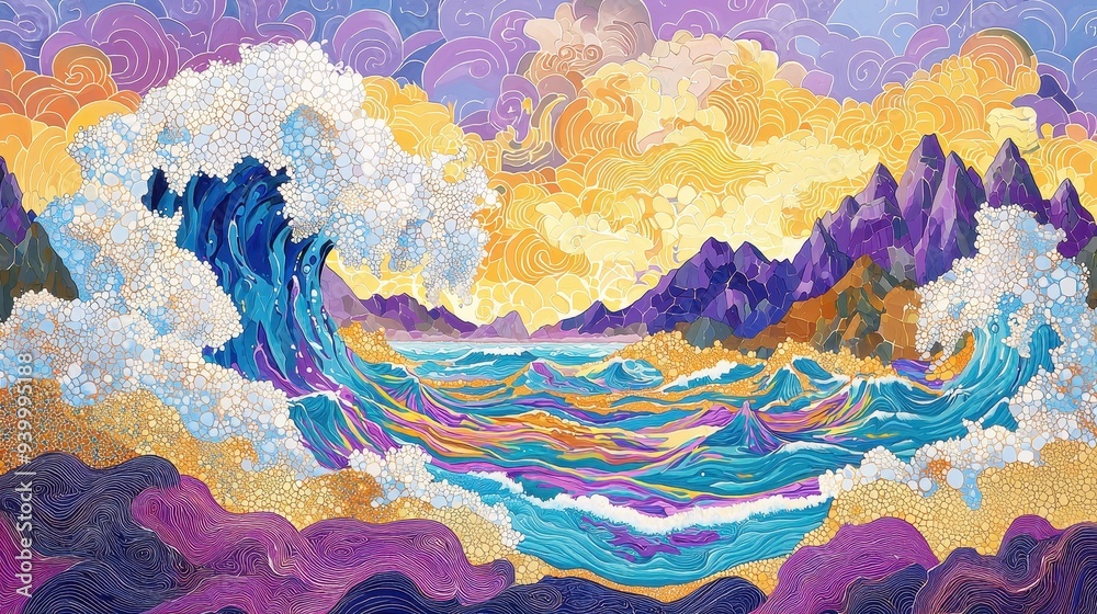 Poster Abstract Coastal Landscape with Waves  Mountains  and Sky in Vibrant Colors