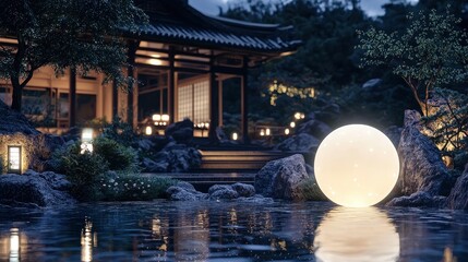 Japanese Zen Garden at Night with Moon Lantern Reflection