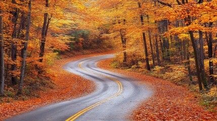 Fototapeta premium Autumn landscape with a winding road through a forest of vibrant orange and yellow leaves, peaceful and scenic countryside