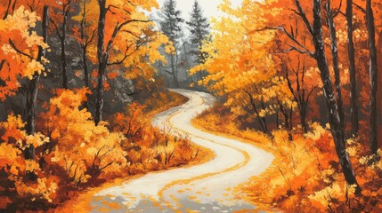 Fototapeta premium Autumn landscape with a winding road through a forest of vibrant orange and yellow leaves, peaceful and scenic