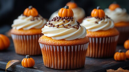 Seasonal Pumpkin Swirled Cupcakes with frosting and decorative pumpkins on top, halloween party theme food ideas for kids or adults