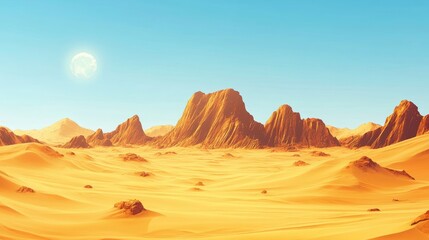 Naklejka premium Golden desert landscape with tall sand dunes and distant rocky outcrops, vast and endless horizon under a hot summer sun