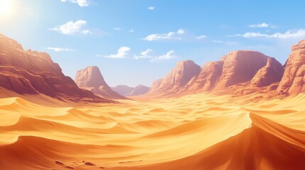 Naklejka premium Golden desert landscape with tall sand dunes and distant rocky outcrops, vast and endless horizon under a hot summer sun