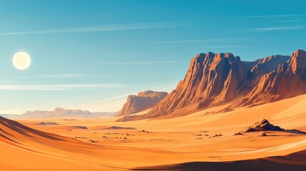 Naklejka premium Golden desert landscape with tall sand dunes and distant rocky outcrops, vast and endless horizon under a hot sun