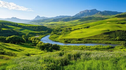 Obraz premium Lush green valley with a winding river and distant mountains, vibrant and serene rural landscape under a clear blue sky