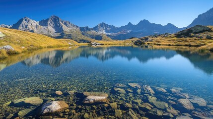 Fototapeta premium Mountain lake with crystal-clear water reflecting the surrounding peaks, tranquil and serene alpine landscape under a clear blue sky -