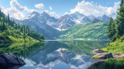 Fototapeta premium Mountain lake with crystal-clear water reflecting the surrounding peaks, tranquil and serene alpine landscape