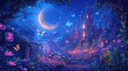Enchanting Fantasy Castle Garden with Moon and Butterflies