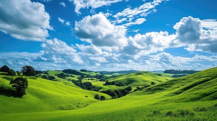 Fototapeta premium Rolling green hills under a bright blue sky with fluffy white clouds, lush and vibrant countryside landscape