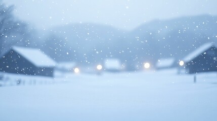 A tranquil winter evening as delicate snowflakes drift softly onto a peaceful, frost-laden town, creating a magical, white wonderland.