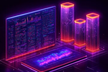 Obraz premium Neon towers and a laptop showcase vibrant digital analytics with intricate graphs in a dark setting. Generative AI