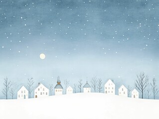 Naklejka premium A whimsical watercolor Christmas village set against a snowy night evokes the enchanting spirit of the holiday season.