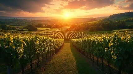 High-definition view of a lush vineyard at sunset perfect for serene and nature-themed wallpapers
