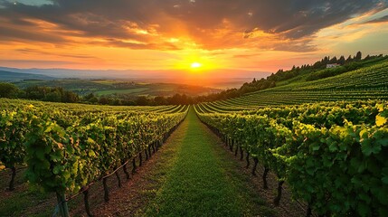 Fototapeta premium Vibrant vineyard with rolling green hills and a sunset sky captured in high-definition for nature backgrounds