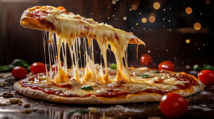 hot cheesy pizza slice being lifted with melting cheese strings on dark background