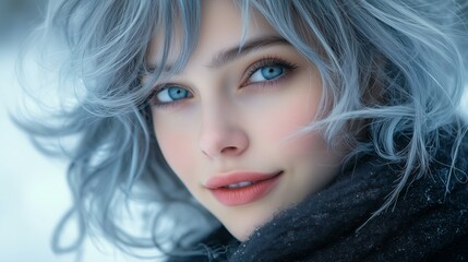 Naklejka premium A Russian woman with striking blue eyes and light gray hair looks directly at the viewer, surrounded by a soft, snowy ambiance that enhances her captivating features and winter attire.