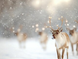 Gleaming reindeer pulling a magical sleigh, their antlers adorned with twinkling lights against a snowy backdrop
