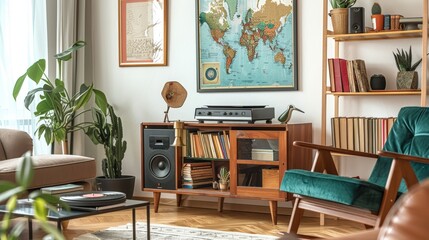 Fototapeta premium Vintage Vibes Living Room with Retro Decor and Vinyl Recorder