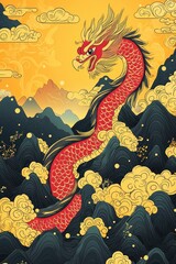 Dragon Flying Through Clouds and Mountains