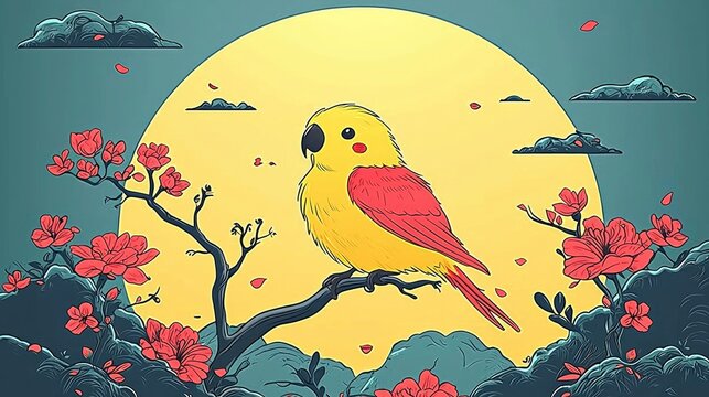 Yellow Parakeet on a Branch with Cherry Blossoms and a Full Moon