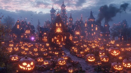 Fototapeta premium Spooky Halloween Night with Jack o Lanterns and Haunted Castle
