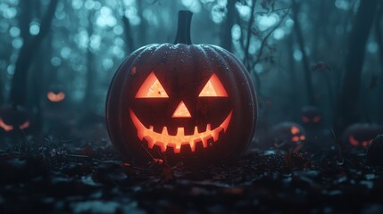 Fototapeta premium Glowing Jack o lantern in a Spooky Forest