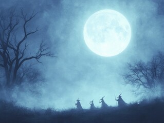 Fototapeta premium Wicked witches convene beneath a full moon, enveloped in swirling mist and illuminated by the light of their shimmering potion bottles.