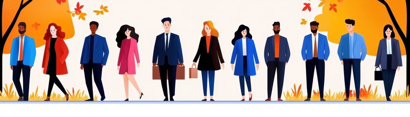 Fototapeta premium A diverse group of professionals dressed in autumn attire, standing together in a vibrant, colorful environment.