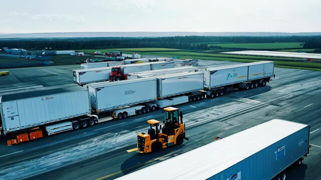 Aerial View of Logistics Park: Semi-Trailers at Loading Hub