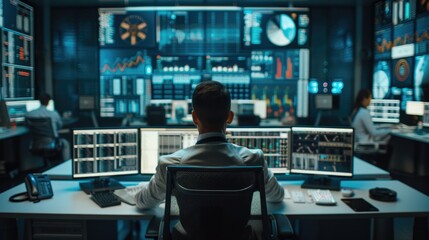 Close-up of a Professional Technical Controller Sitting at His Desk with Multiple Displays Before Him In the Background His Colleagues Working in System Control Center.
