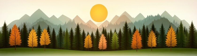 Fototapeta premium A serene landscape featuring mountains, colorful autumn trees, and a bright sun setting in a tranquil sky.