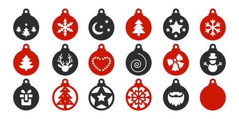 Set of vector Christmas ball, pendant or keychain designs. New Year silhouette laser cut templates. Cnc cutting with metal, wood or leather