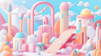 D Pastel  Abstract Cityscape with Clouds and Stairs