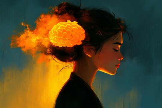 Profile of a woman with a brain exploding into flames symbolizing intense passion creativity and the powerful energy of thoughts and ideas