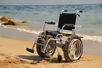Obraz premium A wheelchair sits alone on a sandy beach near the ocean, with calm waters and clear sky