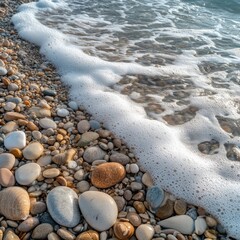 Smooth pebbles touched by the gentle sea foam.