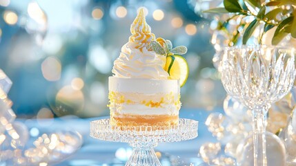 Fototapeta premium Delicious Lemon Cake with Whipped Cream and Lime Garnish on a Crystal Cake Stand