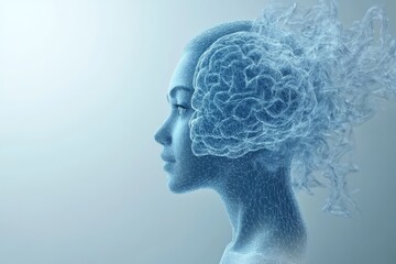 Profile of a woman with a brain made of glowing neural networks symbolizing the intersection of human intelligence technology and the future of cognitive processes