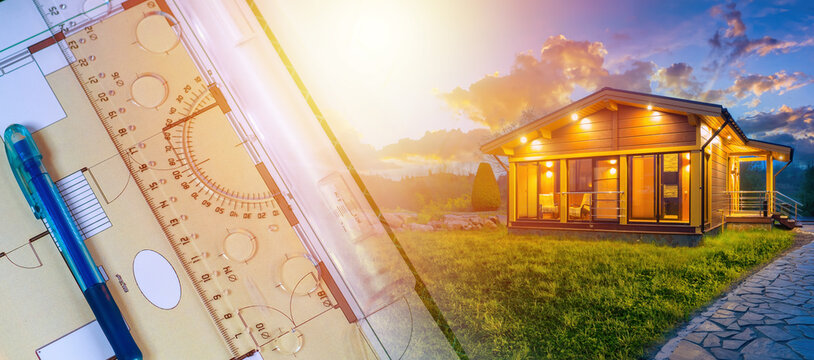 Construction of country houses. Architect line. Country cottage in evening. Construction of small villa. One-story cottage with evening lighting. Construction of country real estate