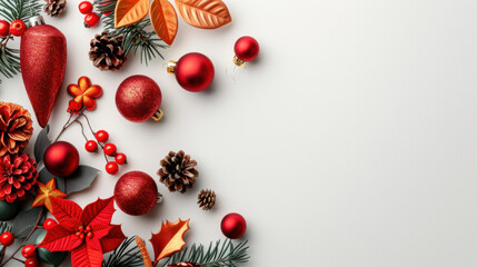 Festive Christmas decorations with red ornaments, pine cones, and greenery arranged on a white background, creating a holiday-themed scene.