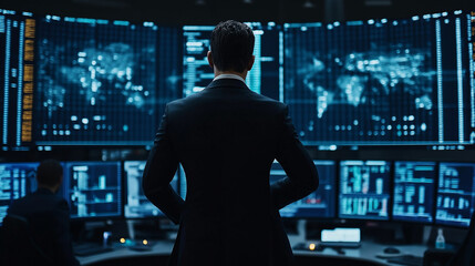 Commanding the Digital Age: A lone figure in a power suit oversees a vast network operations center, illuminated by the glow of global data visualizations. 