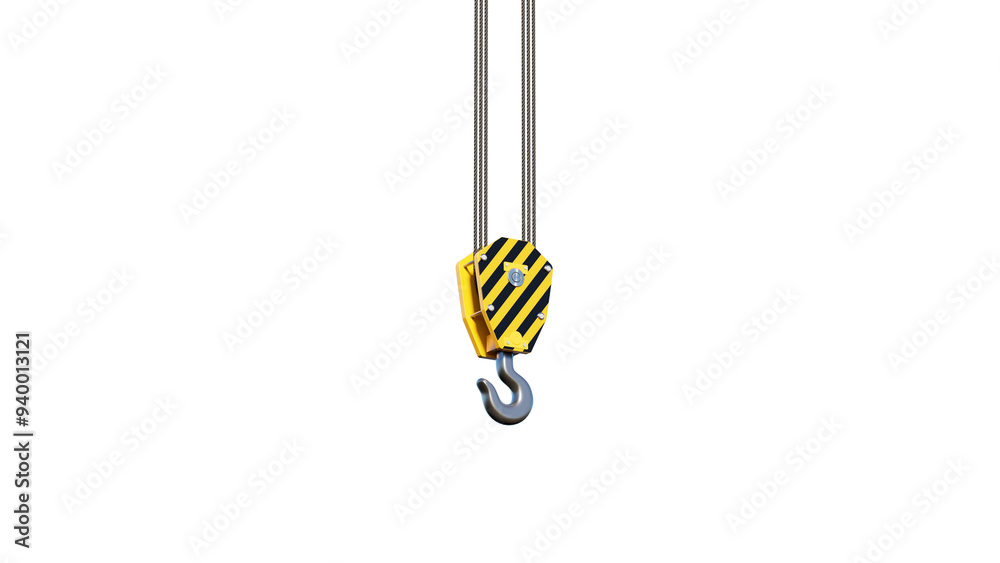 Wall mural Crane hook hangs from above. Equipment for moving goods. Crane hook for lifting weights isolated on white. Crane hook with yellow and black stripes. Port equipment for unloading ships. 3d image