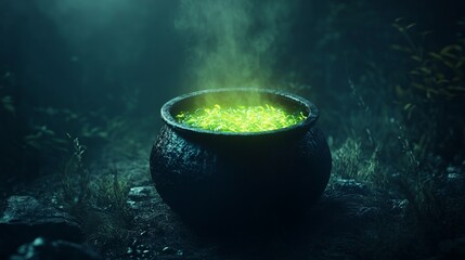 Cauldron with green potion. Foggy background