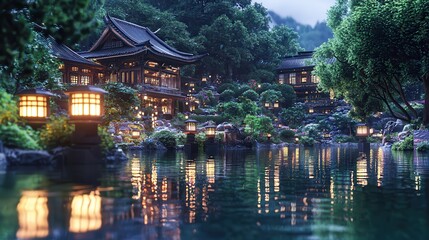 Naklejka premium Japanese Garden with Lantern Lights and Pond at Night