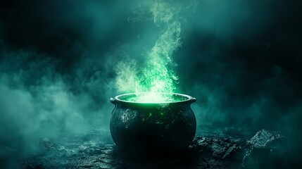 Cauldron with green potion. Foggy background